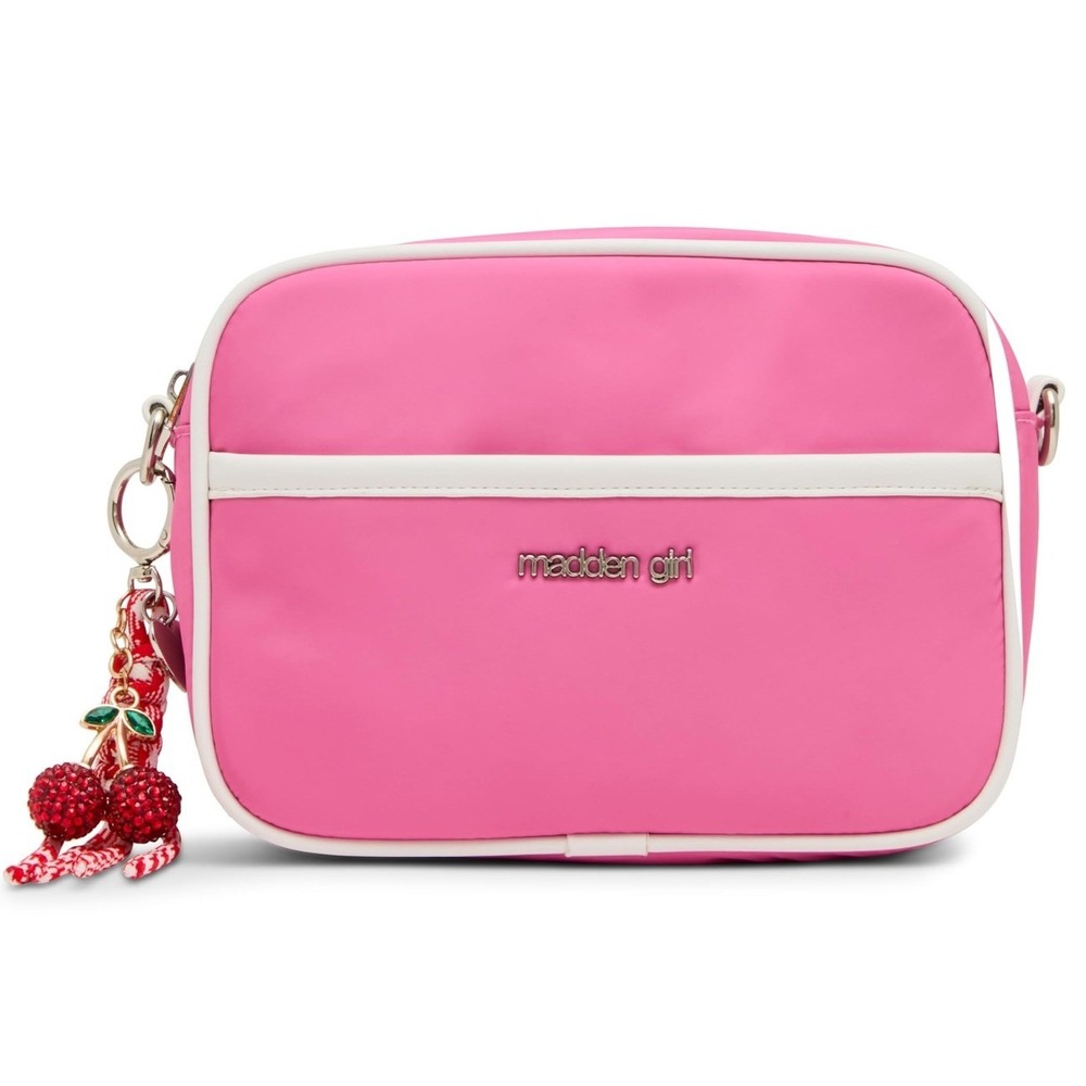 Madden Girl Nylon Camera Bag Peony Pink Crossbody Shoulder Bag Cherry Charm Med